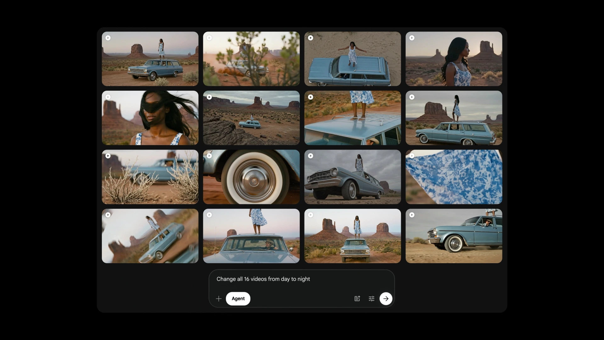Official Google Flow Agent interface showing a grid of video assets and an instruction to change daytime shots to nighttime