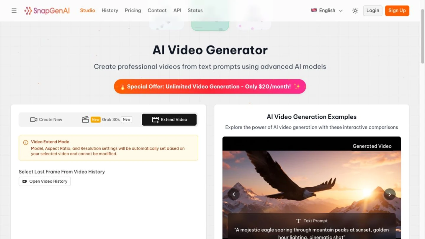 SnapGen AI official interface: extend video tab and history-based last-frame selection