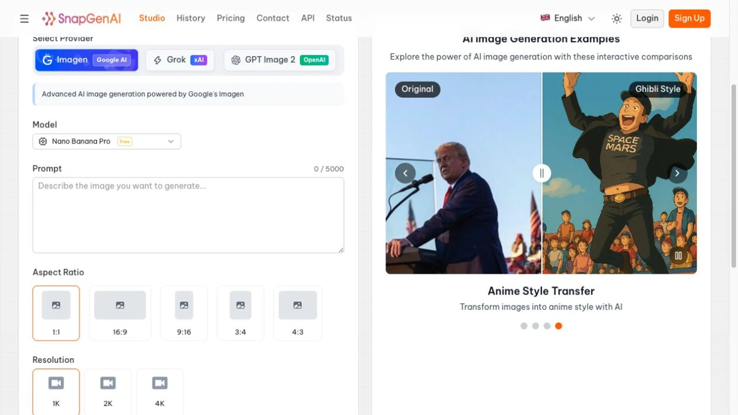 SnapGen AI official interface: imagen workspace with prompt, aspect ratio and reference controls