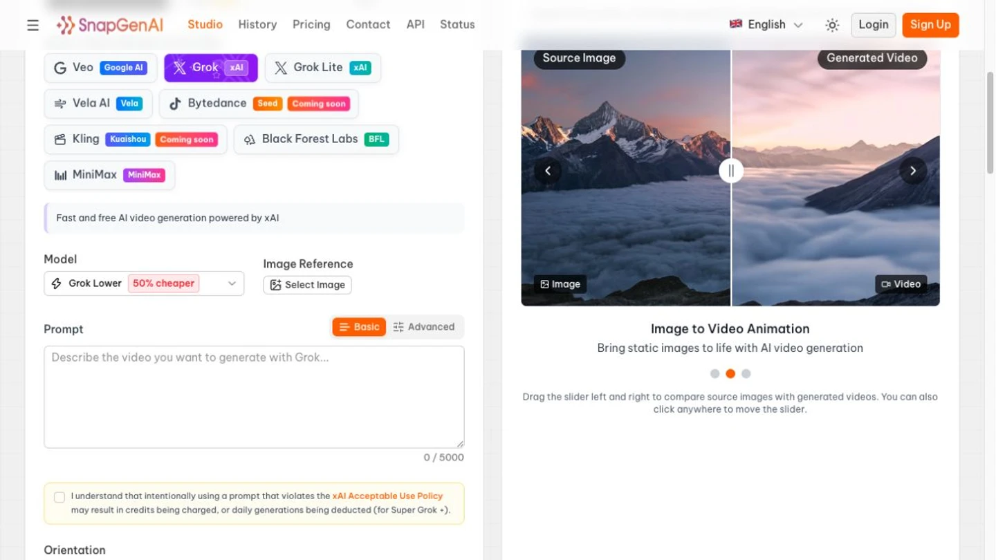 SnapGen AI official interface: image reference input and official image-to-video demonstration