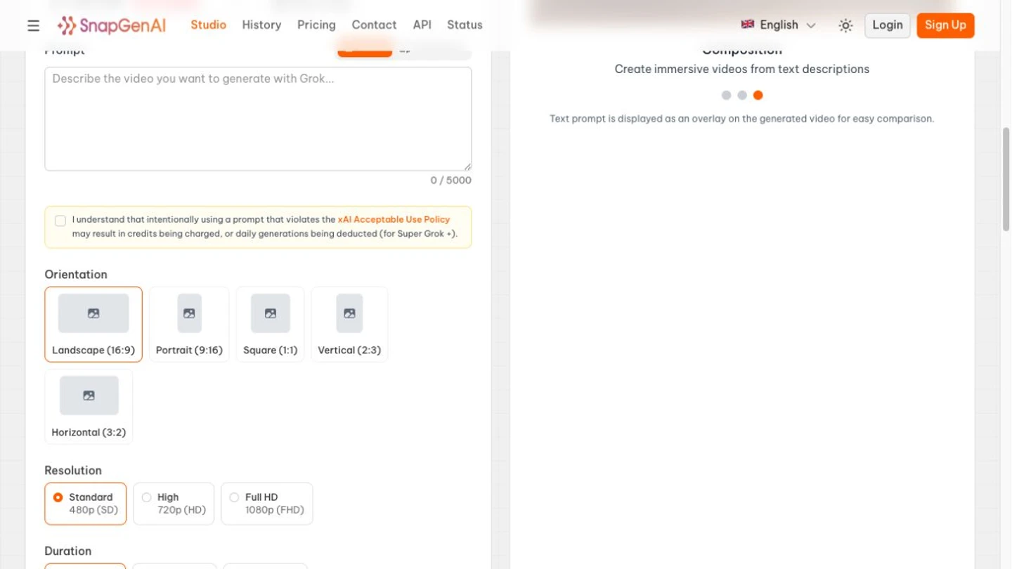 SnapGen AI official interface: text to video prompt and model selection